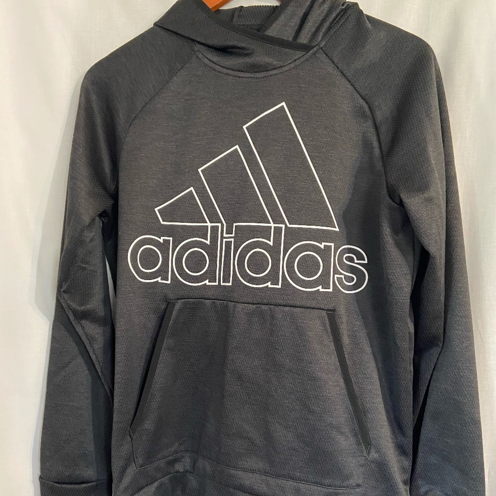 Adidas Sweatshirt Charcoal Black Hooded White Logo Textured Womens Medium